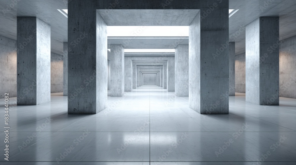 Naklejka premium Abstract Concrete Structure with Columns and Reflections, Architectural Visualization for Modern Designs and Minimalist Concepts