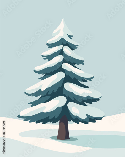 A stylish vector illustration of a snow-covered pine tree on a soft pastel background. This wintery Christmas design is perfect for holiday cards, winter posters, greeting card templates, digital art