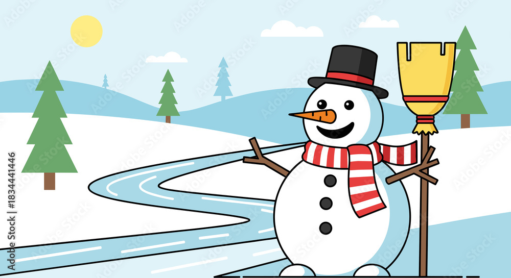 Obraz premium Snowman vector wearing scarf holding broomstick beside icy pathway with cheerful winter holiday theme