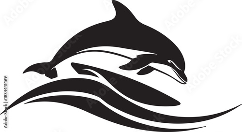 Silhouette of a dolphin leaping over stylized ocean waves
