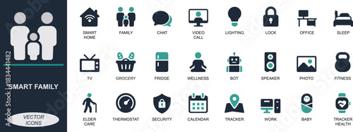Smart family icon set. Featuring home security, baby care, video calls, health, automation, and parental tools. Ideal for UI, mobile apps, smart home, and web use.