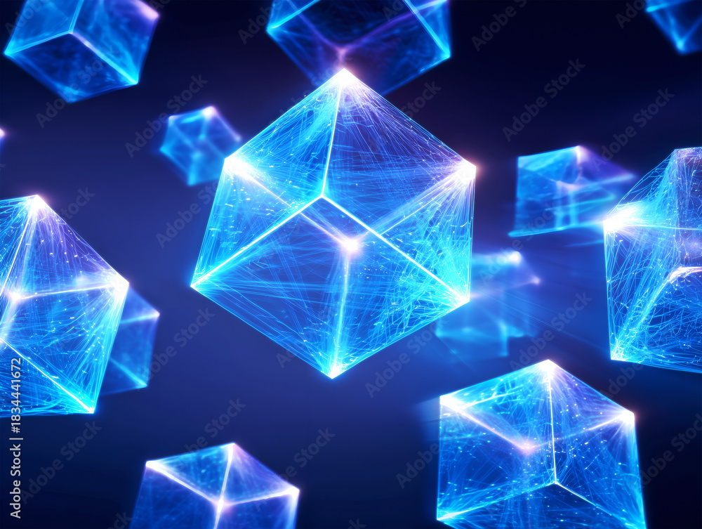 Naklejka premium Floating glowing glass cubes filled with neon blue light trails, abstract futuristic illustration symbolizing blockchain data blocks, digital networks, and advanced technology in deep space.