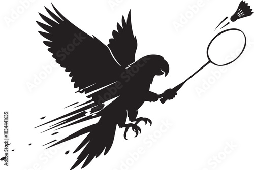 Silhouette of a hawk playing badminton with a shuttlecock and racket