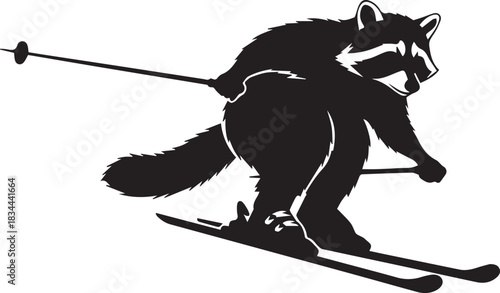 Silhouette of a raccoon skiing downhill with ski poles