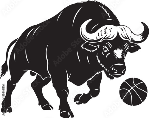 Powerful black buffalo charging with a basketball