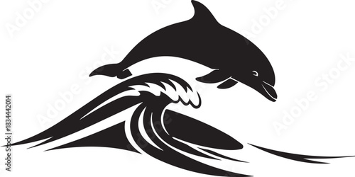 Silhouette of a dolphin leaping over a stylized ocean wave