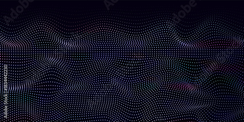 Vector digital technology wave. Dark cyberspace with colors motion dots and lines. Futuristic digital background. Big data analytics.