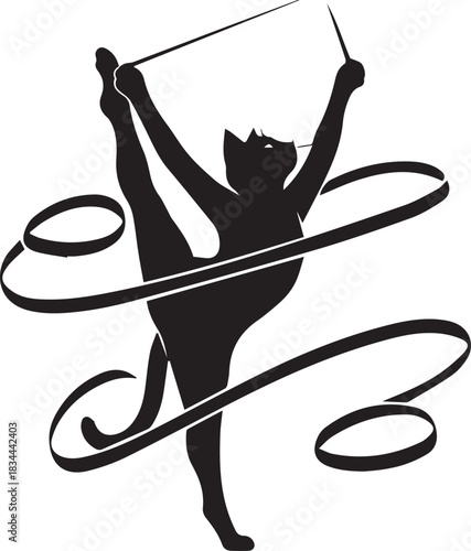 Silhouette of a cat performing rhythmic gymnastics with a ribbon