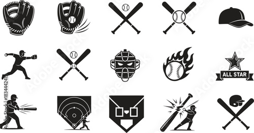 Baseball game icon set black and white vector illustration elements