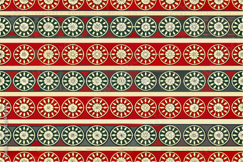 Repeating pattern of alternating red and green bands with floral design circles on a beige background