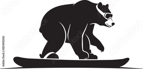 Black silhouette of a bear snowboarding on a white background