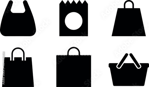 Variety of shopping bags and basket icons in black and white