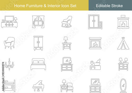 Home Furniture & Interior Icon Set | TV Stand, Curtains, Rocking Chair, Wardrobe, Fireplace, Armchair, Bed, Vanity, Nightstand, Teepee, Chandelier, Bunk Bed, Piano, Mirror Line Icons