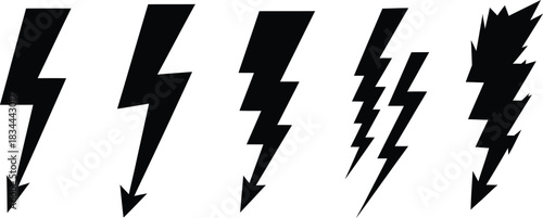 Set of black lightning bolt icons on white background