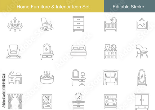 Home Furniture & Interior Icon Set | Chandelier, Rocking Chair, Dresser, Crib, Bed, Armchair, Vanity, Curtains, Mirror, Desk Line Icons