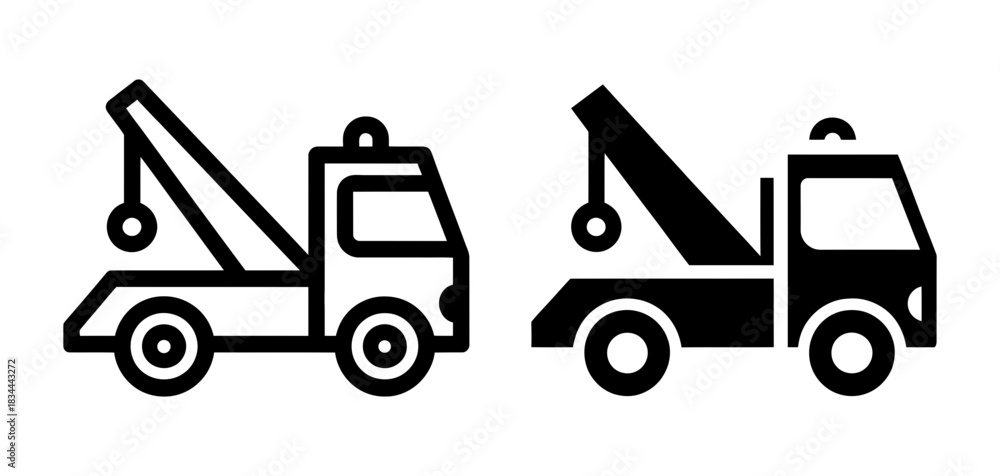 Naklejka premium Two tow truck icons, one line art and one solid silhouette, symbolizing vehicle assistance and roadside recovery services.