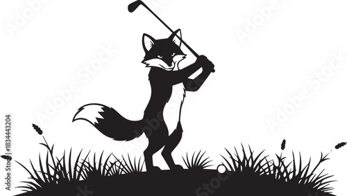 Cartoon fox playing golf silhouette with grass and reeds