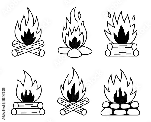 Set of six hand-drawn vector illustrations of campfires, representing different campfire building techniques and stages of burning, isolated on white background.