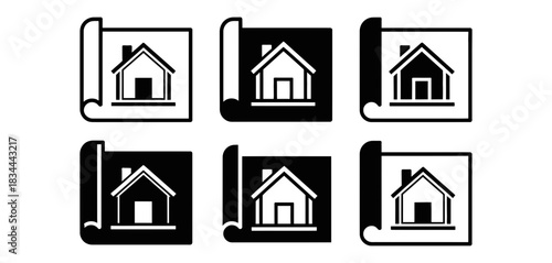 Collection of house blueprint icons showcasing architectural plans for residential construction and property development, design process