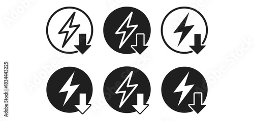 Set of six icons featuring a lightning bolt symbol inside a circle with a downward-pointing arrow below, indicating energy reduction or power loss.