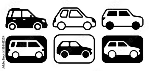 Collection of diverse car icons, representing various vehicle types including suvs, sedans, and vans, displayed in both black and white silhouette styles