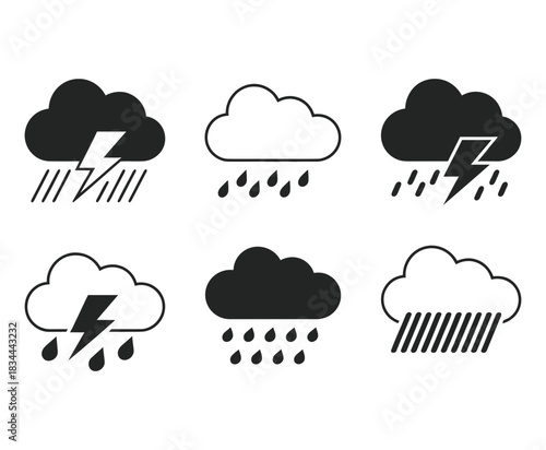Set of six weather icons representing rain and thunderstorm conditions, isolated on a clean background for digital use.