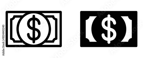 Two minimalist black and white icons representing currency: a dollar bill and a coin with dollar sign, isolated on a white background for finance concepts.