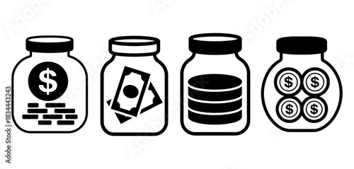Four glass jars containing different forms of savings: coins, banknotes, stacked coins, and dollar sign coins, representing financial concepts like investment and growth. vector illustration.