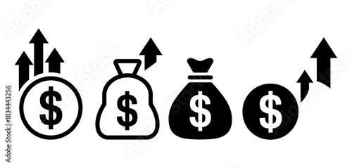 Financial growth icons with upward arrows and dollar signs on a white background, symbolizing increasing wealth and investment returns, stock market success