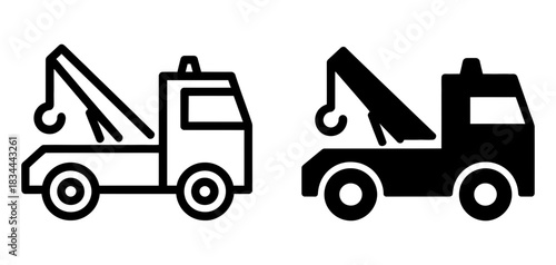Two tow truck icons side by side, one outline and one silhouette, representing towing and roadside assistance services for vehicles