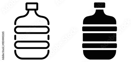 Set of two water cooler jug icons, one outline and one solid silhouette, isolated on white background, representing hydration and bulk liquid storage.