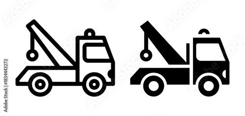 Two tow truck icons, one line art and one solid silhouette, symbolizing vehicle assistance and roadside recovery services.