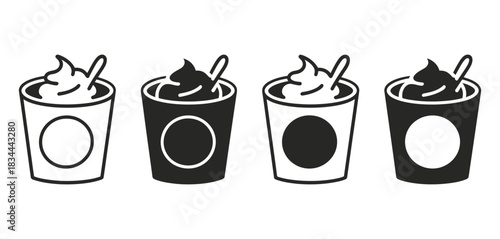 Set of four stylized icons representing cups of soft serve ice cream or frozen yogurt with spoons, alternating between positive and negative space designs.