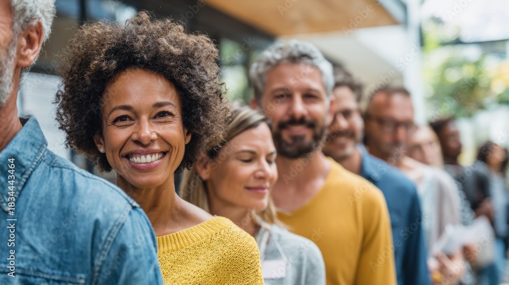 Obraz premium Diverse Group Standing in Line Smiling Waiting for an Event Happy and Positive Together