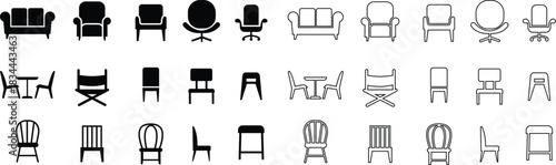 Furniture and chair icons set, collection of sofa, armchair, dining chair bar stool lounge seat, director chair table and seating symbols in solid and outline vector isolated on transparent background