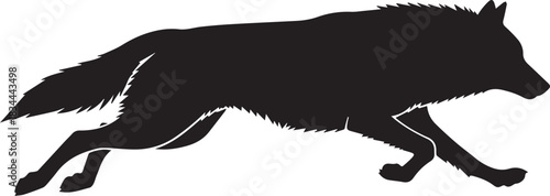 Black silhouette of a wolf running at full speed isolated on white