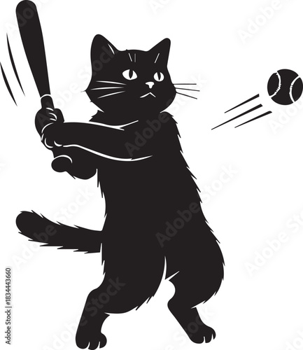 Black cat swinging a baseball bat at a baseball