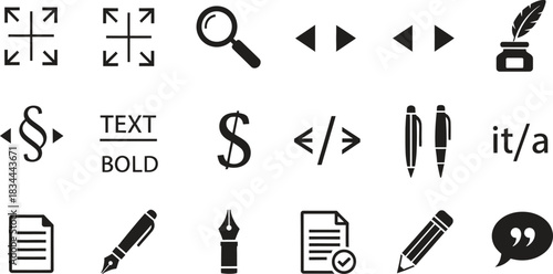 Collection of essential design and text editing vector icons in black