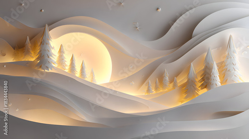 A serene paper art scene featuring layered white trees against a soft-lit backdrop of rolling hills and a glowing sun.