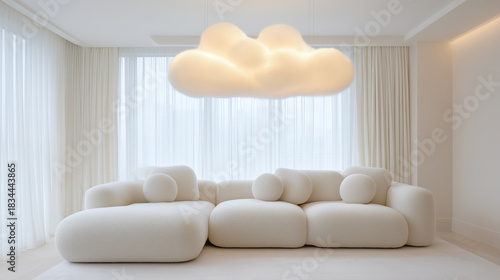 2026 color trend. Minimalist living room featuring oversized soft off-white sofa with round cushions, illuminated by a unique cloud-shaped pendant light, creating a serene and inviting atmosphere
