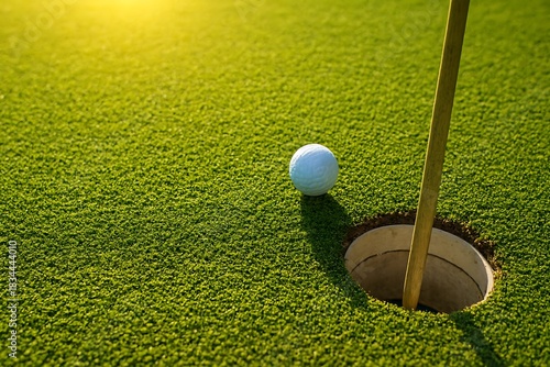 Illustration of golf ball near hole on green grass with bright sunlight overhead