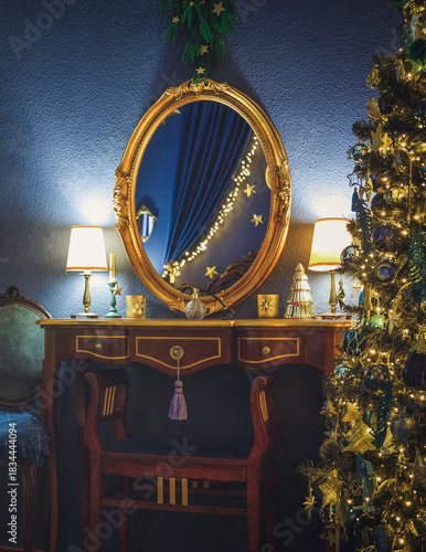 Christmas home decor, set-ups and decorations. Christmas spirit and home decor with a lot of details, in a warm and gentle light with a rich bokeh.