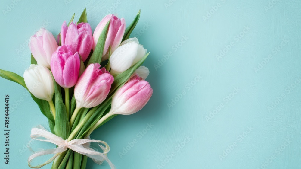 Obraz premium Elegant Bouquet of Pink and White Tulips on Light Blue Background, Perfect for Springtime and Celebrations