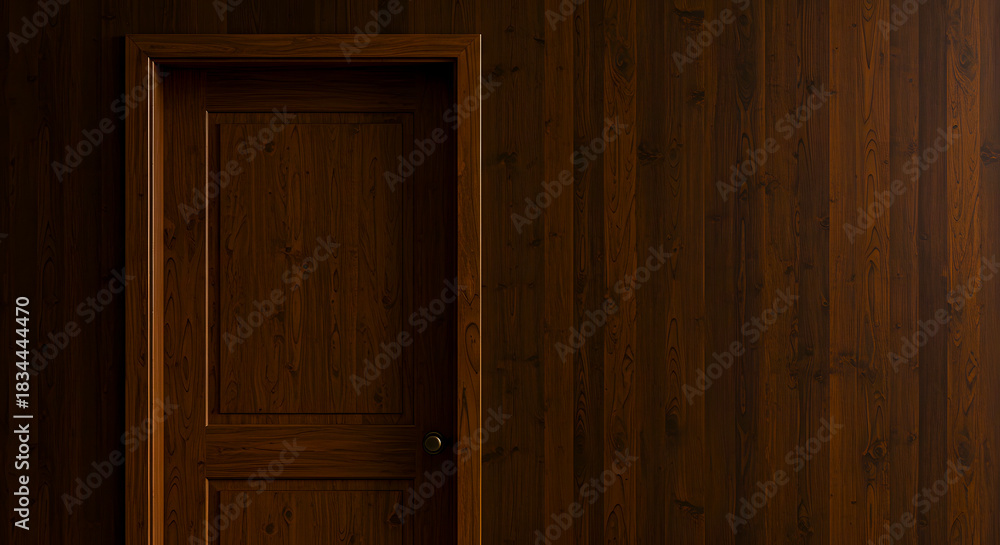 Fototapeta premium Closed wooden door against a dark wood paneled wall, providing a sense of mystery and intrigue