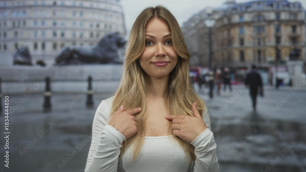 Fototapeta premium Woman finger pointing to chest on london street; denial refusal.