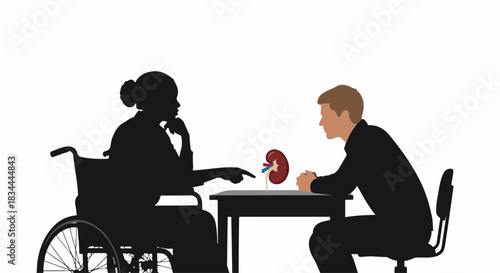 Kidney transplant discussion with doctor, patient sitting in wheelchair. Kidney transplant explanation including organ model and details regarding surgical procedure.