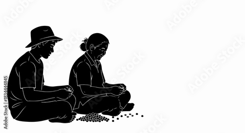 Farmer family working together on coffee bean harvest, coffee bean harvest showing two people carefully sorting seeds. Coffee bean harvest is a collaborative, detail-oriented task, requiring skill.