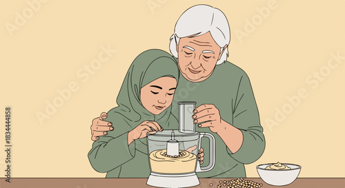 Woman making hummus with grandmother, preparing healthy, traditional homemade food. Making hummus is a multigenerational activity, bonding family over cuisine. Enjoy making hummus for a tasty snack,