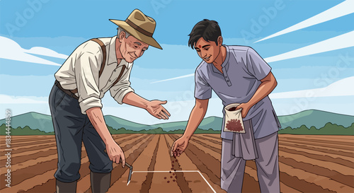 Two farmers planting seeds in field, one European and one Asian, working together on farm. Planting seeds manually with tools, illustrating farming techniques.