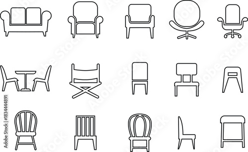 Furniture and chair icons set, collection of sofa, armchair, dining chair bar stool lounge seat, director chair table and seating symbols in solid and outline vector isolated on transparent background